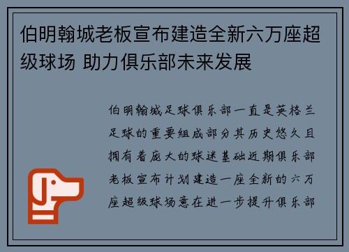 伯明翰城老板宣布建造全新六万座超级球场 助力俱乐部未来发展