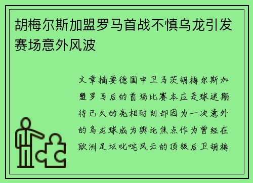 胡梅尔斯加盟罗马首战不慎乌龙引发赛场意外风波