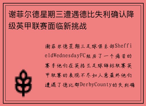 谢菲尔德星期三遭遇德比失利确认降级英甲联赛面临新挑战