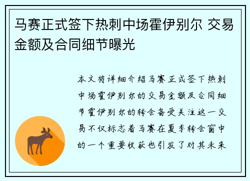 马赛正式签下热刺中场霍伊别尔 交易金额及合同细节曝光